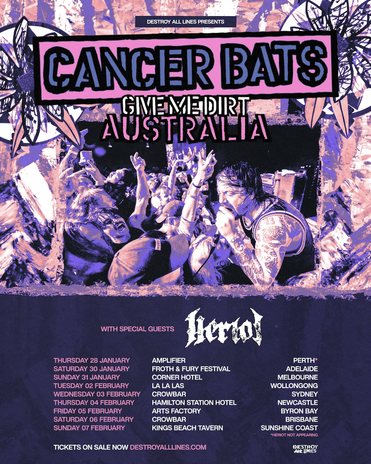 Cancer Bats Give Me Dirt Australia tour poster featuring January and February tour dates, venues, and special guests Heriot